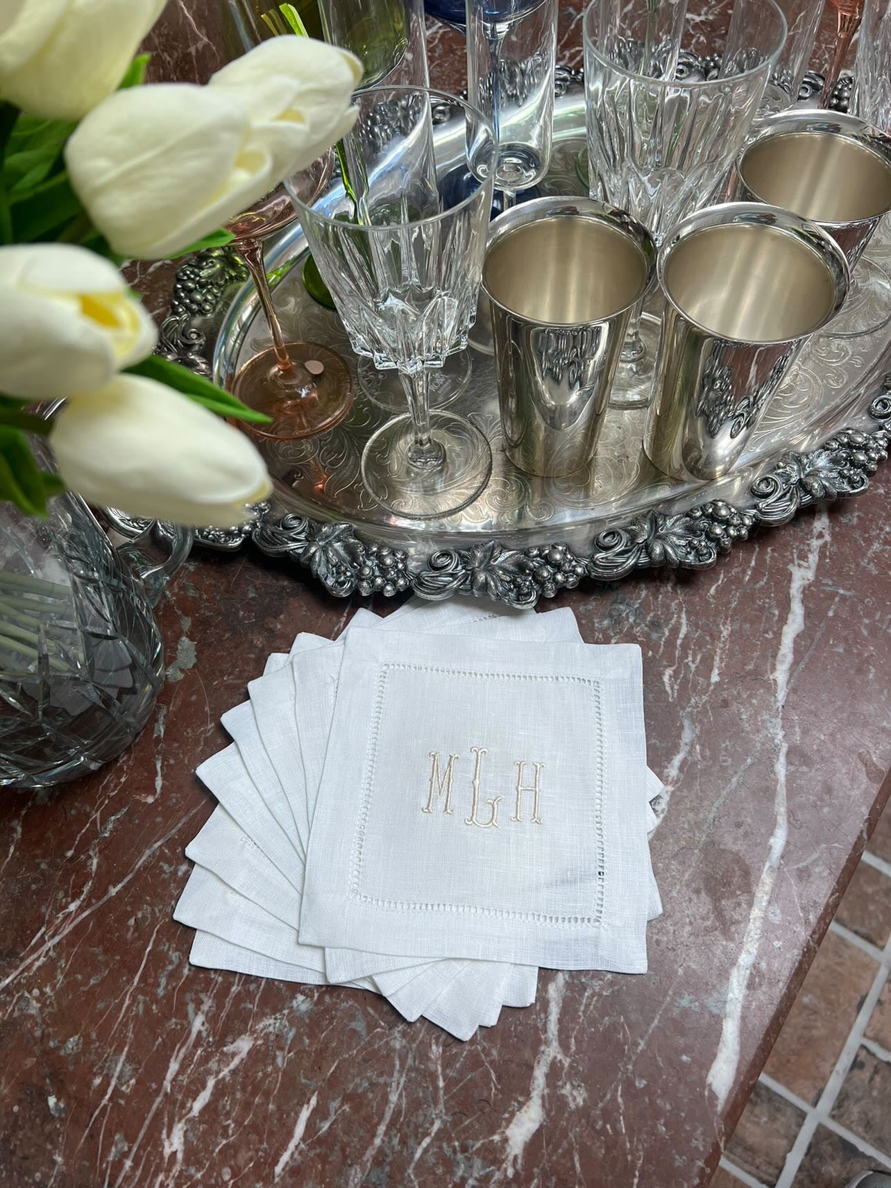Embroidered Linen Cocktail Napkins - Single Color