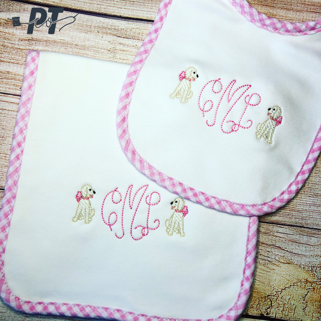 Gingham Trim Bib and Burp Cloth Set