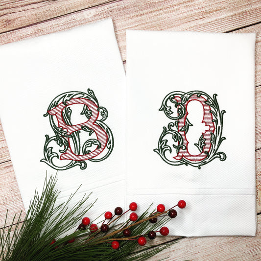 Fancy Vine Monogram Christmas Tea Towel